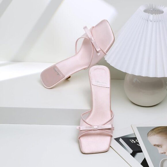 Women's Pink Round Toe Heels With Bow Vintage Mules Sexy Slip on Stiletto - Picture 3 of 9